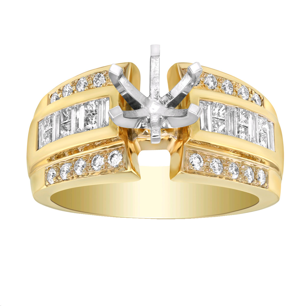 Multi Shape Diamond 3 Row Bead & Bright Set Ring Setting in Yellow Gold ...