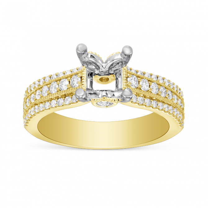 Yellow Gold Three Row Diamond Ring Setting With Milgrain