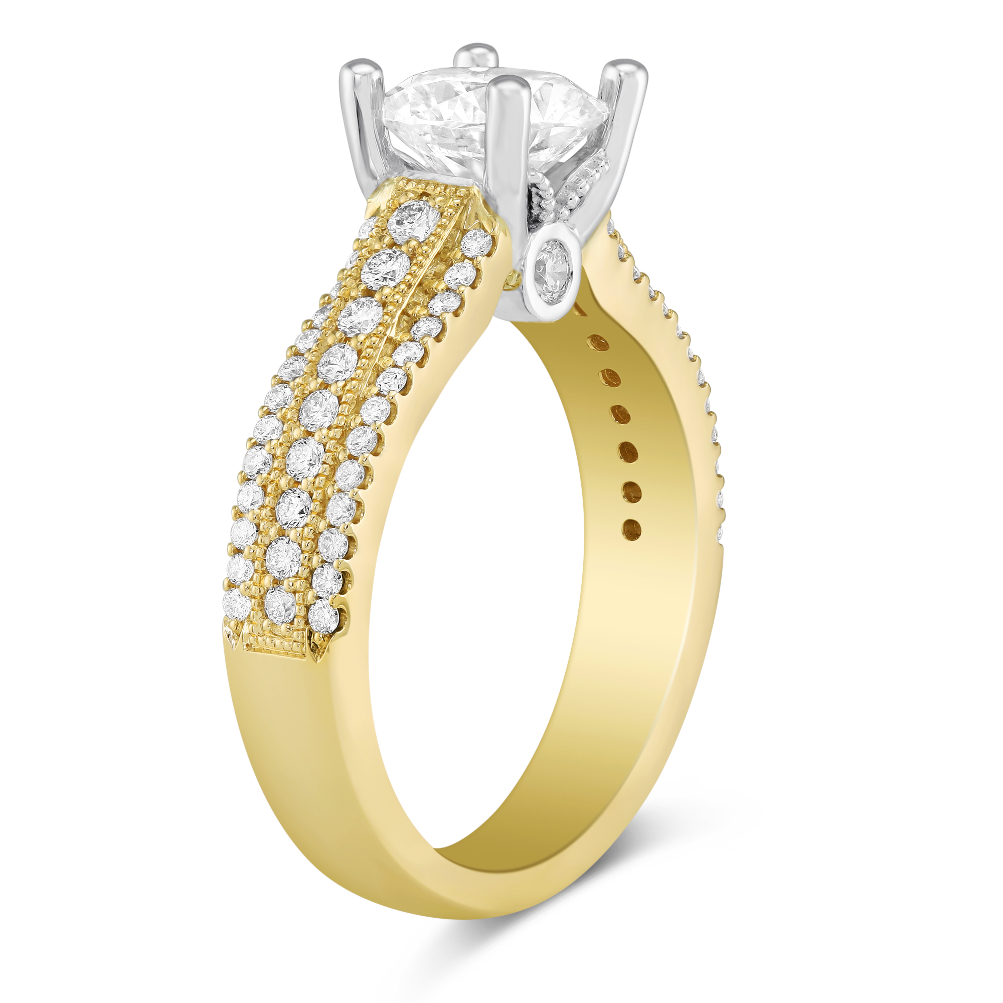 Yellow Gold Three Row Diamond Ring Setting With Milgrain