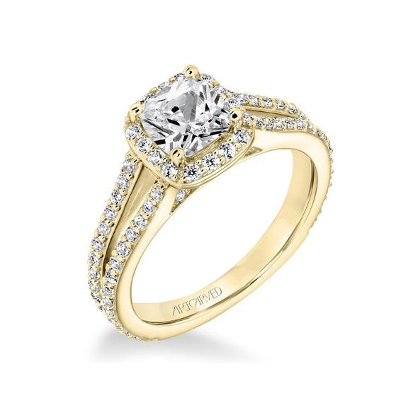 ArtCarved 14K Yellow Gold Classic Diamond Halo Split Shank Ring Setting, 0.70aptw