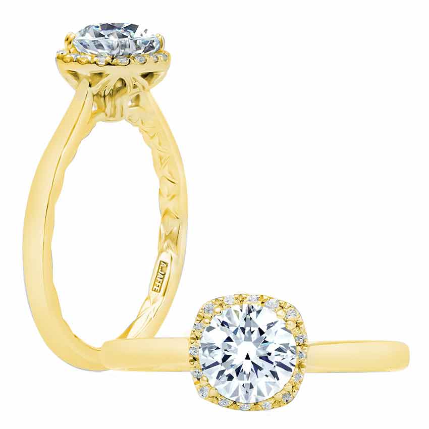 A. Jaffe Classics Diamond Cushion Halo Ring Setting in Yellow Gold with Quilted Inner Shank