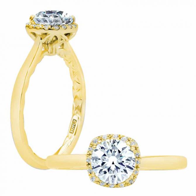 A. Jaffe Classics Diamond Cushion Halo Ring Setting in Yellow Gold with Quilted Inner Shank