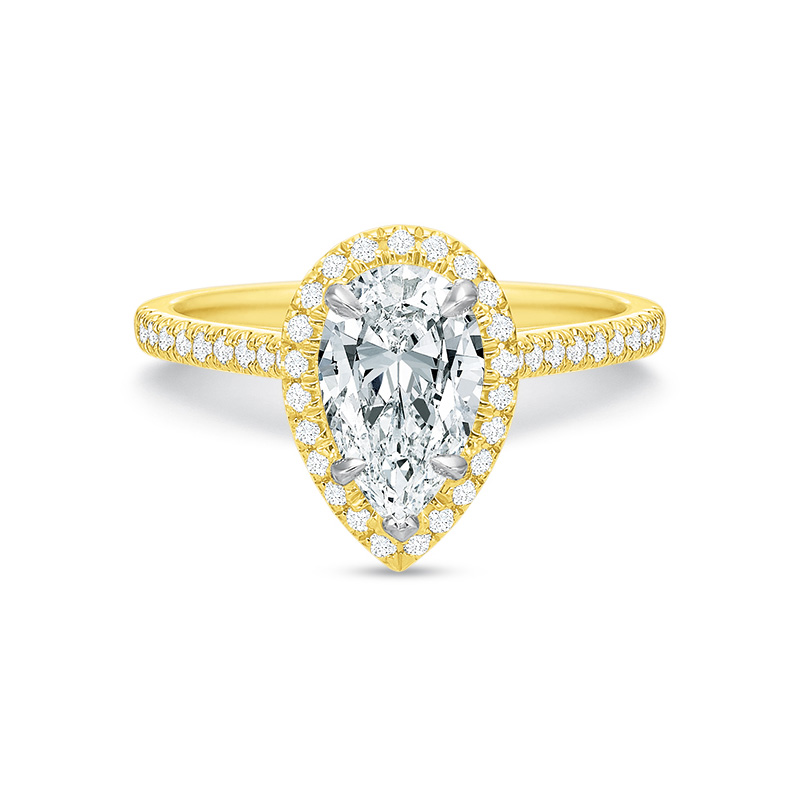 18K Yellow Gold Diamond Pear Shaped Halo Ring Setting with Diamond Shank