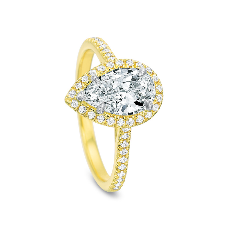 18K Yellow Gold Diamond Pear Shaped Halo Ring Setting with Diamond Shank