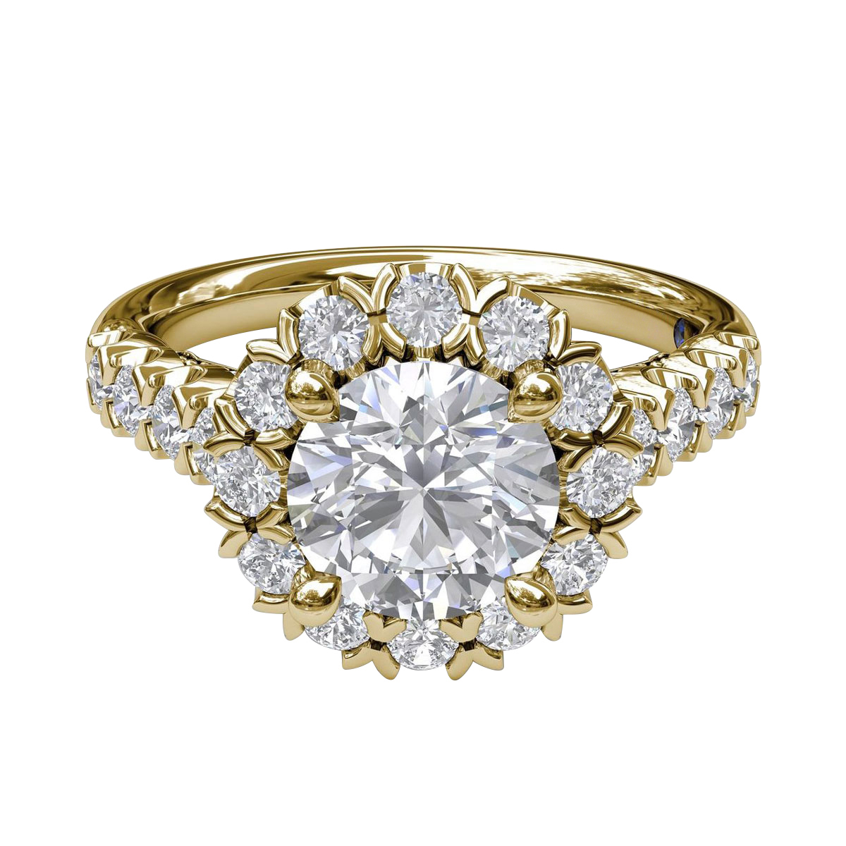 Diamond Halo V Prong Ring Setting with Diamond Shank in Yellow Gold