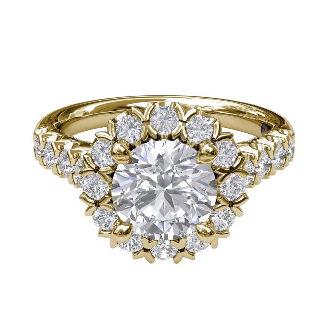 Diamond Halo V Prong Ring Setting with Diamond Shank in Yellow Gold