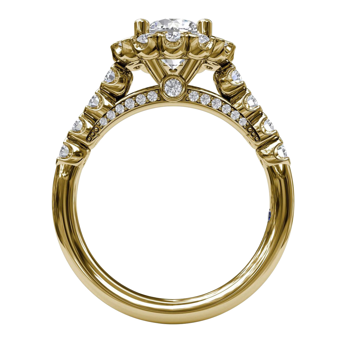 Diamond Halo V Prong Ring Setting with Diamond Shank in Yellow Gold