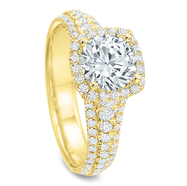 Diamond Halo & Pavé Tapered Shank Engagement Ring Setting in Yellow Gold