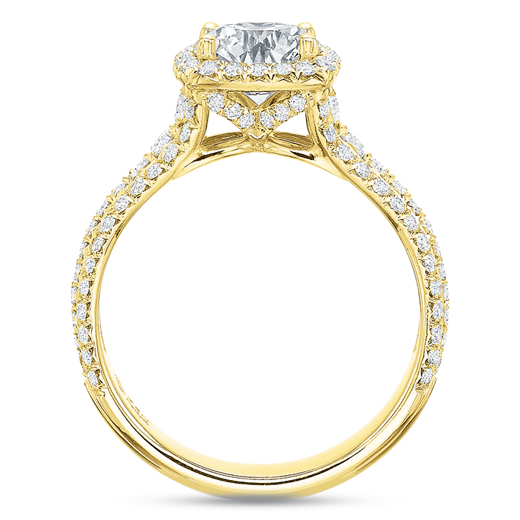 Diamond Halo & Pavé Tapered Shank Engagement Ring Setting in Yellow Gold