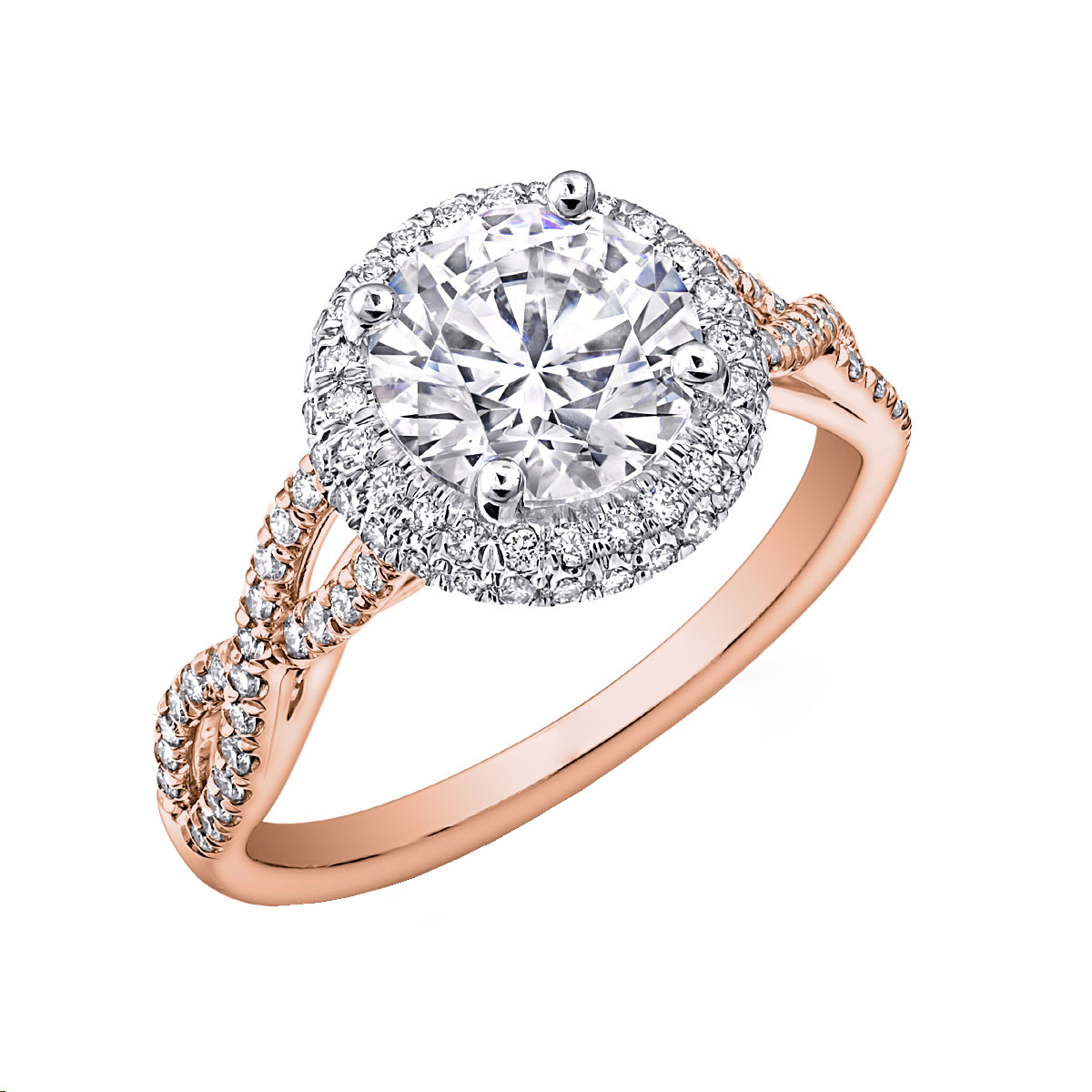 14K Rose and White Gold Diamond Crossover Shank and Double Halo Ring Setting