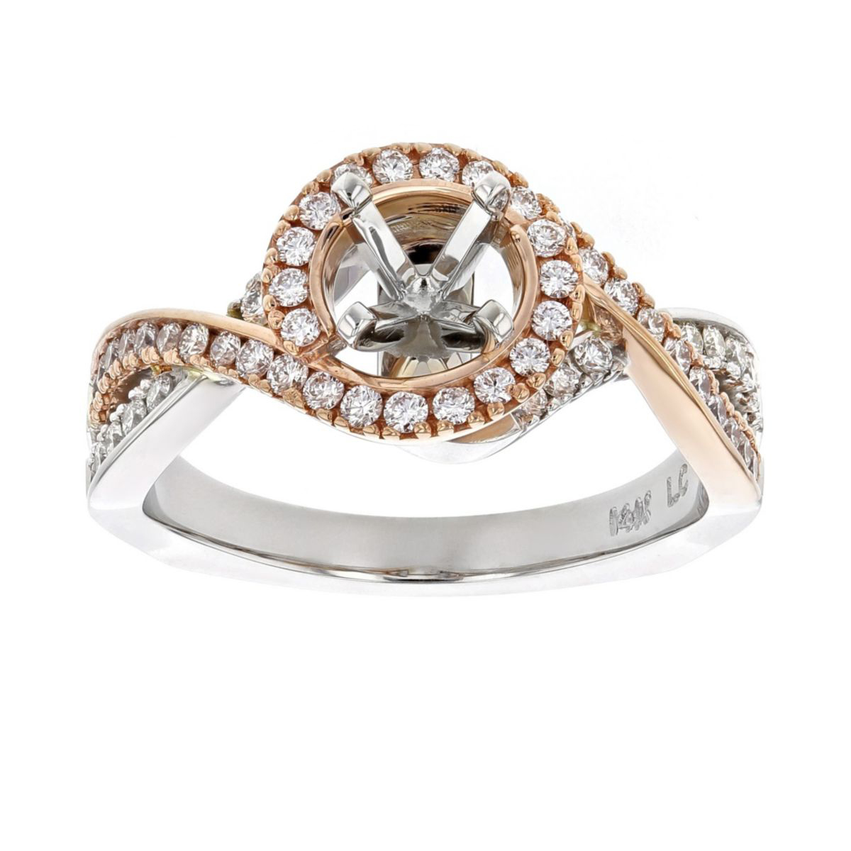 14K White & Rose Gold Diamond Halo Cross Shank Ring Setting