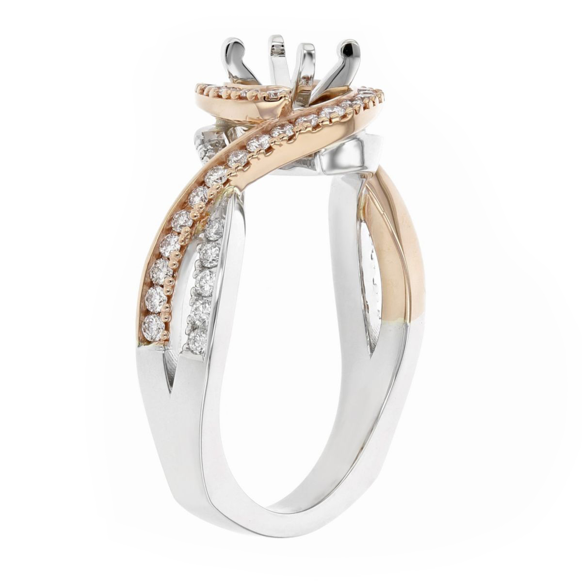 14K White & Rose Gold Diamond Halo Cross Shank Ring Setting