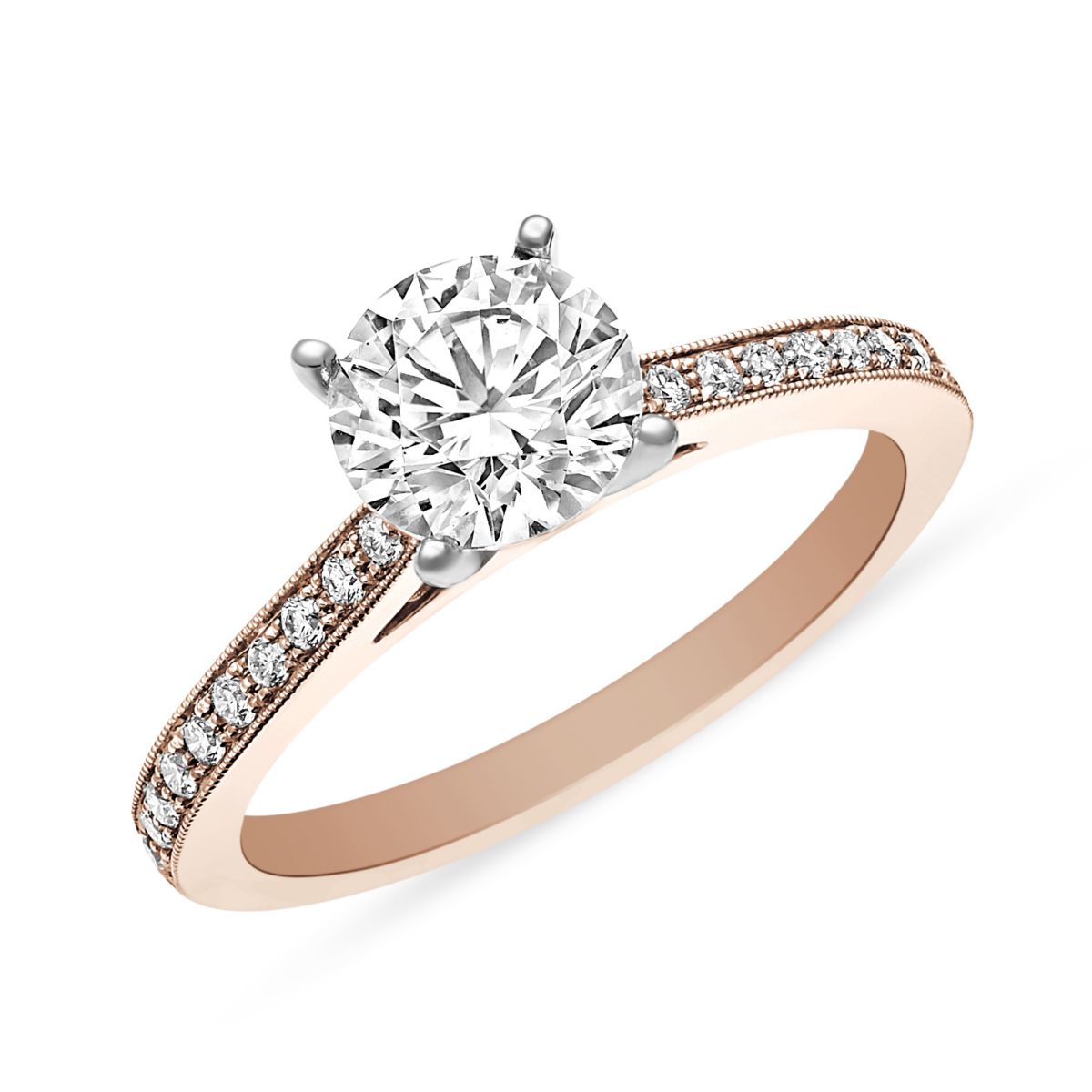 Rose Gold Diamond Fine Milgrain Ring Setting for Round Center Diamond