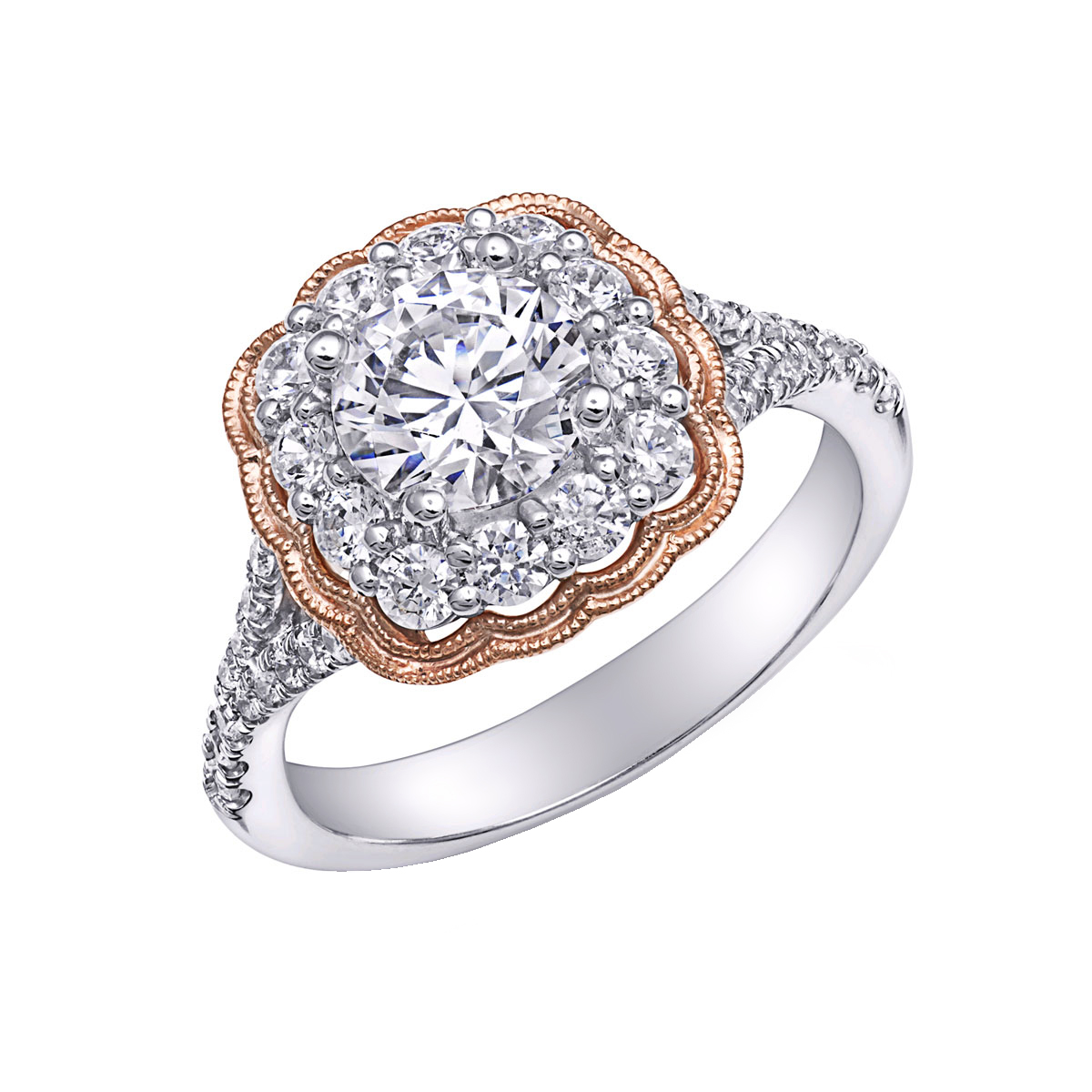14K Rose And White Gold Floral Shaped Diamond Halo Ring Setting