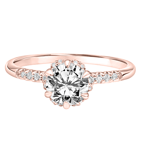 Diamond Scalloped Halo & Side Stone Petite Engagement Ring Setting in Rose Gold