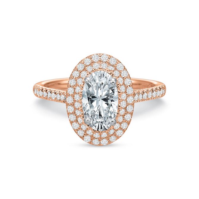 18K Rose Gold Diamond Double Oval Halo Ring Setting with Diamond Shank