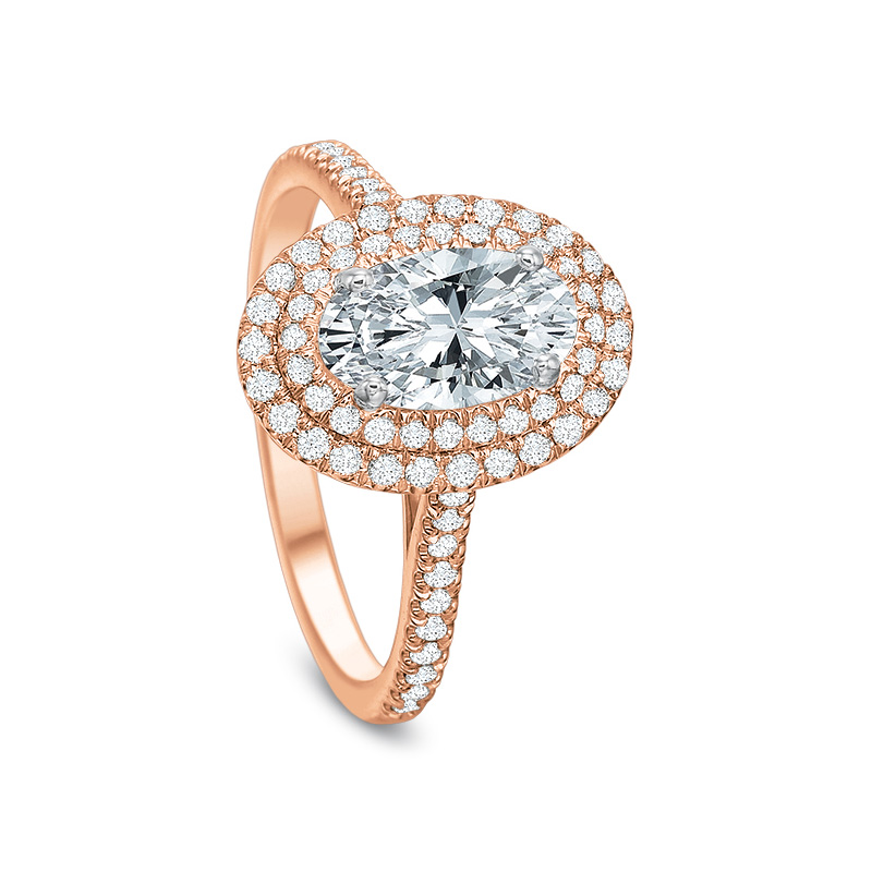 18K Rose Gold Diamond Double Oval Halo Ring Setting with Diamond Shank