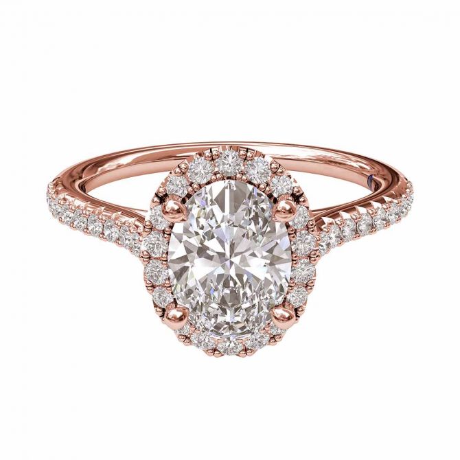 Diamond Oval Halo Ring Setting with Pave Shank in Rose Gold