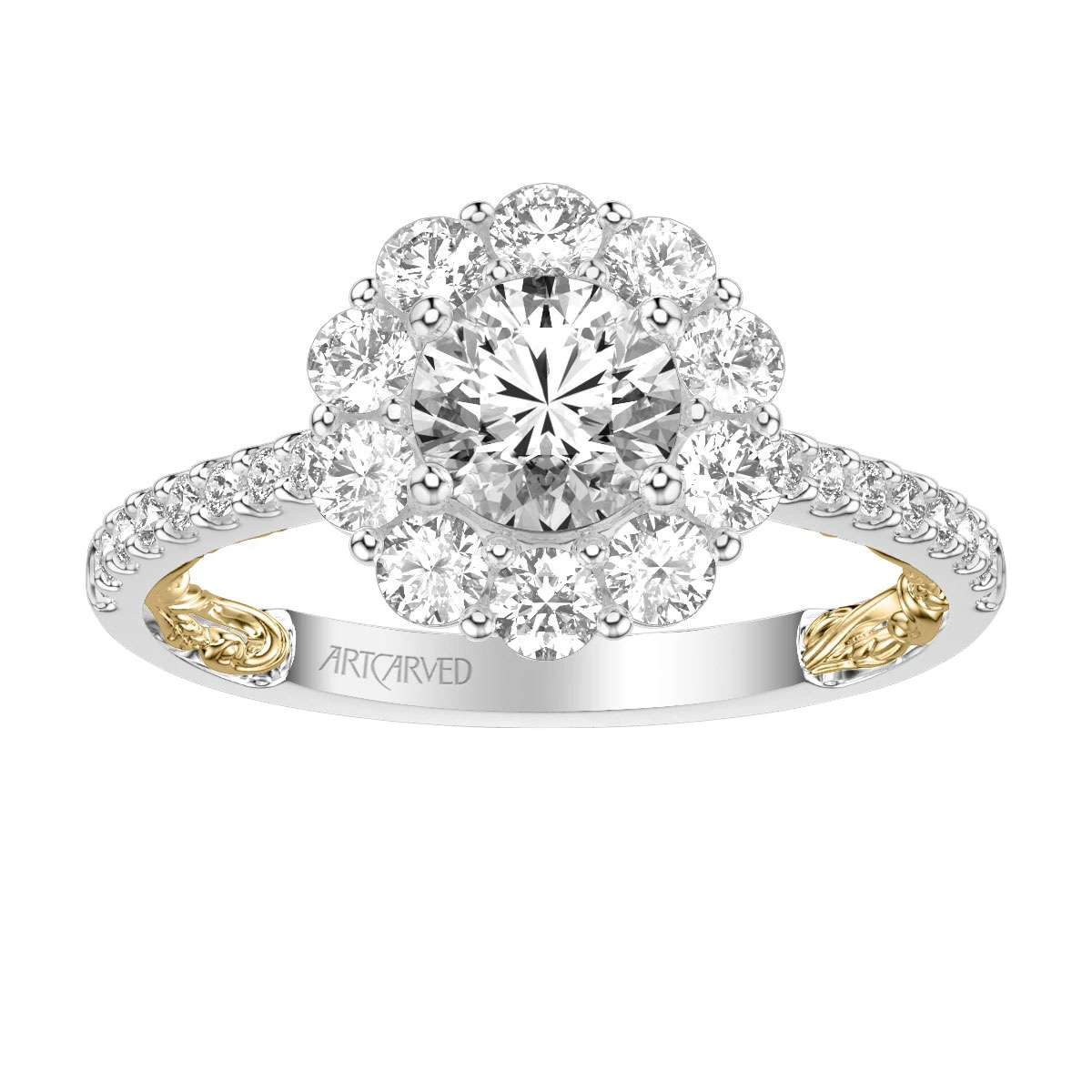 ArtCarved Lyric Cici Diamond Large Halo & Shank Ring Setting in Two Tone