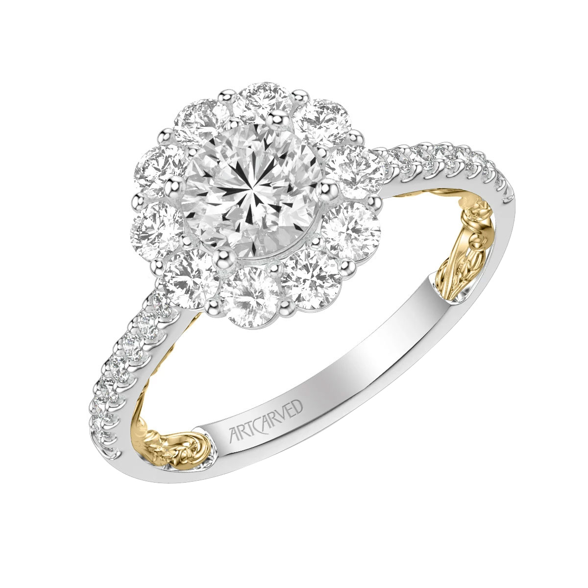 ArtCarved Lyric Cici Diamond Large Halo & Shank Ring Setting in Two Tone