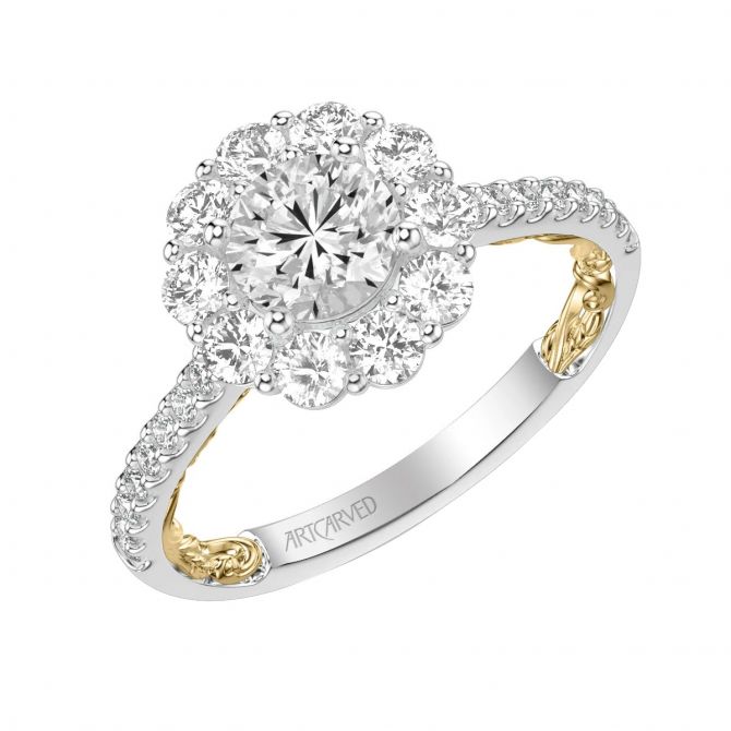 ArtCarved Lyric Cici Diamond Large Halo & Shank Ring Setting in Two Tone