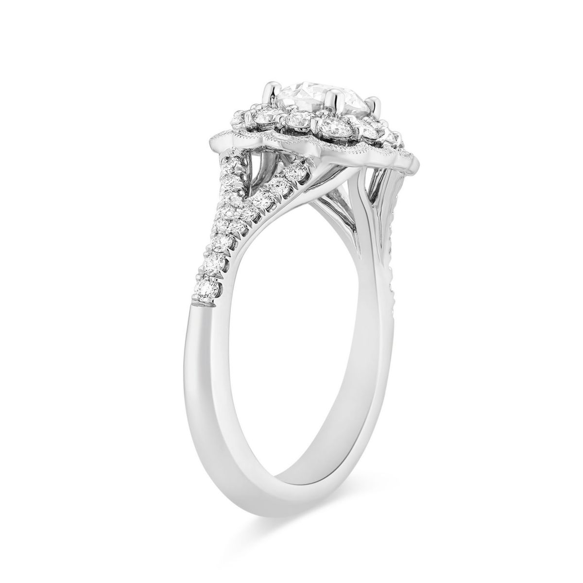 White Gold Diamond Engagement Ring with Double Scalloped Halo & Split Shank, 0.96 ct