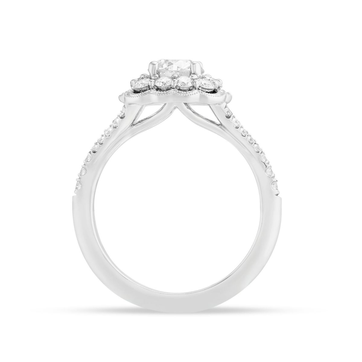 White Gold Diamond Engagement Ring with Double Scalloped Halo & Split Shank, 0.96 ct