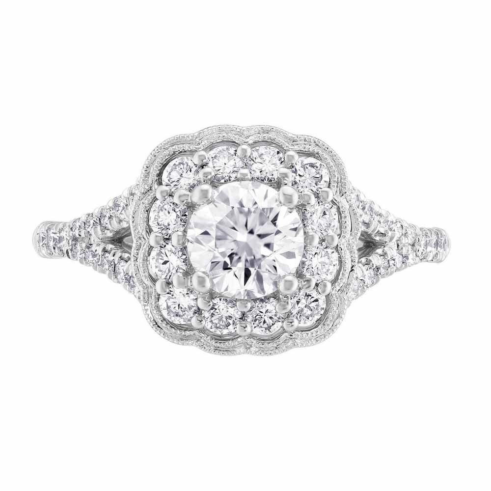 White Gold Diamond Engagement Ring with Double Scalloped Halo & Split Shank, 0.96 ct