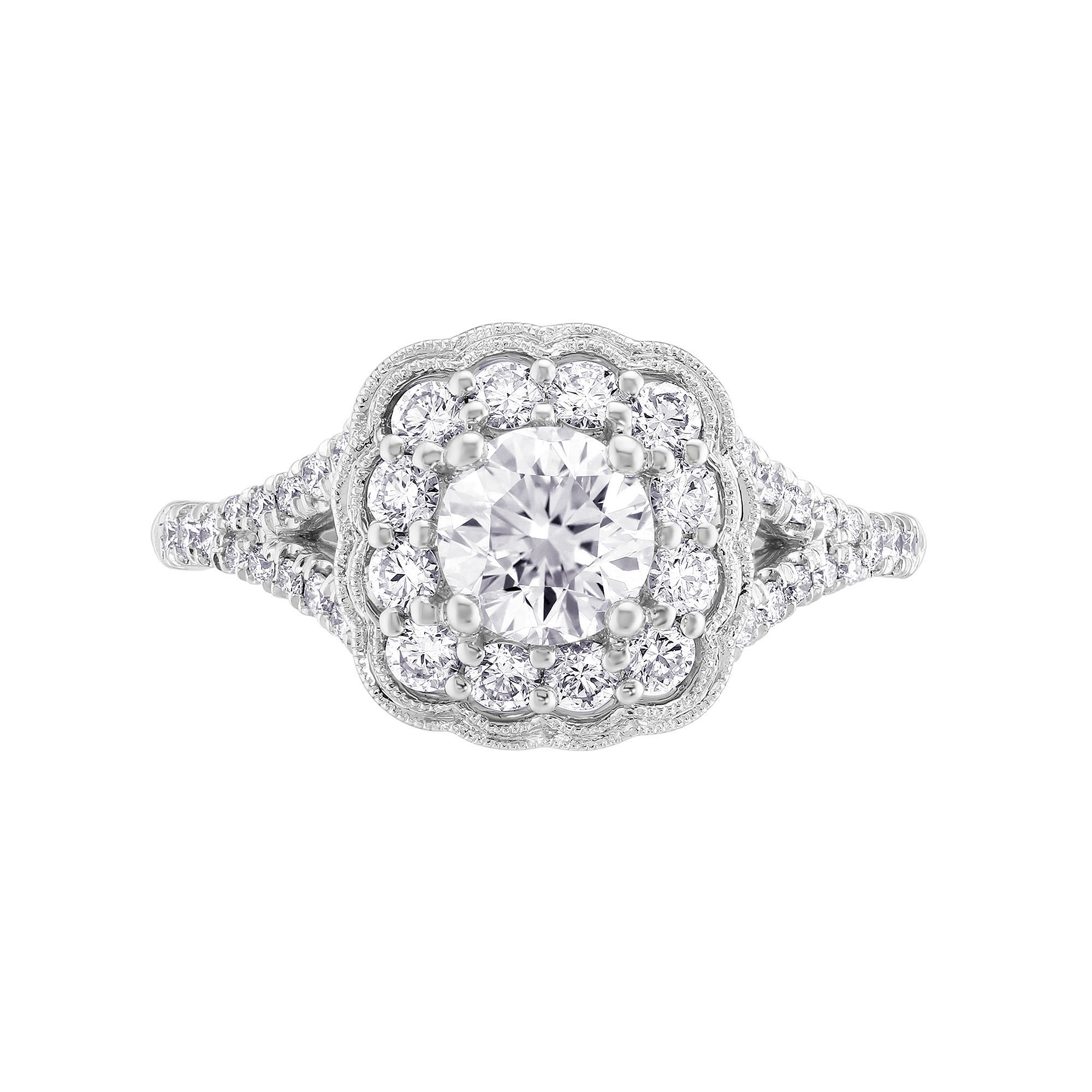 White Gold Diamond Engagement Ring with Double Scalloped Halo & Split Shank, 0.46 ct