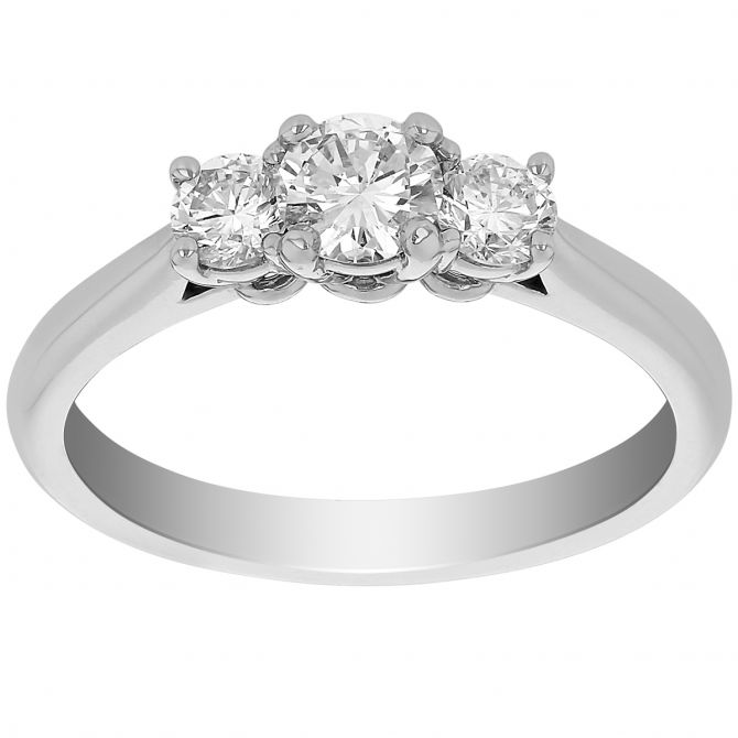 Round Diamond 3 Stone Engagement Ring in White Gold, .34 ct