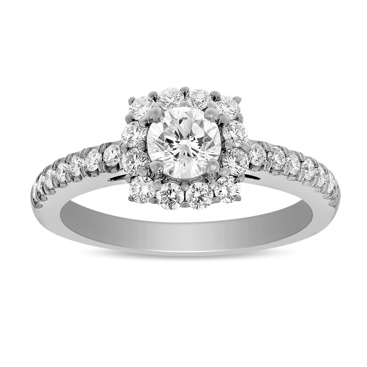 White Gold Diamond Cushion Halo Engagement Ring with Diamond Shank, 0.51 ct