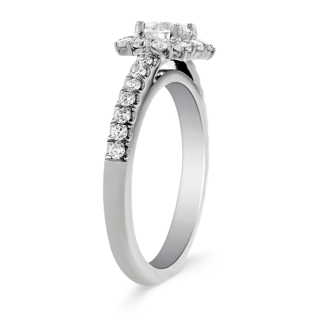 White Gold Diamond Cushion Halo Engagement Ring with Diamond Shank, 0.51 ct