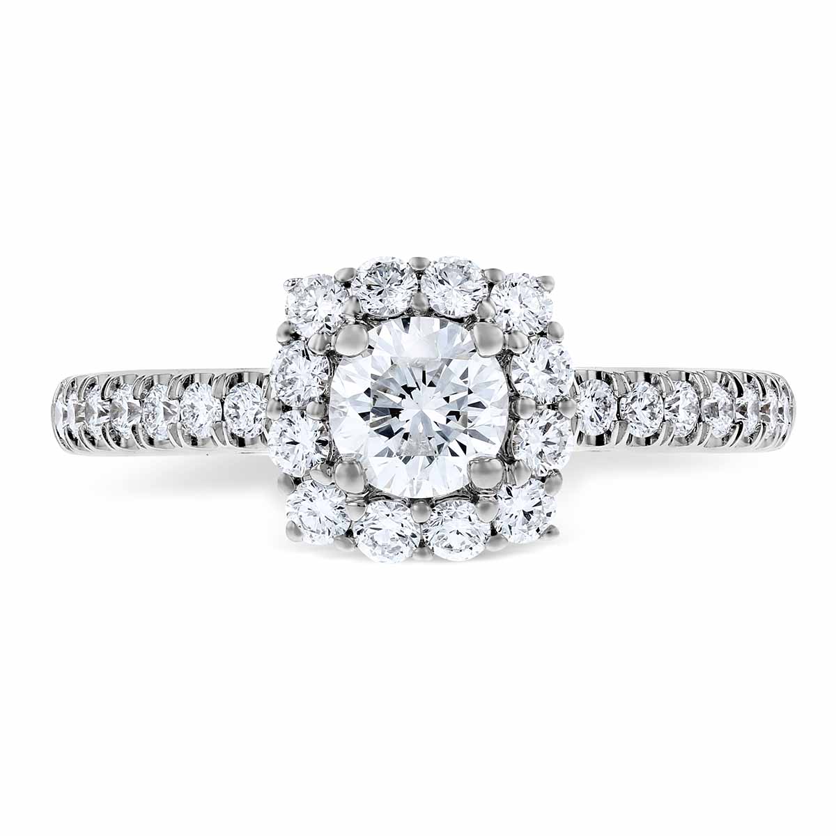 White Gold Diamond Cushion Halo Engagement Ring with Diamond Shank, 0.51 ct