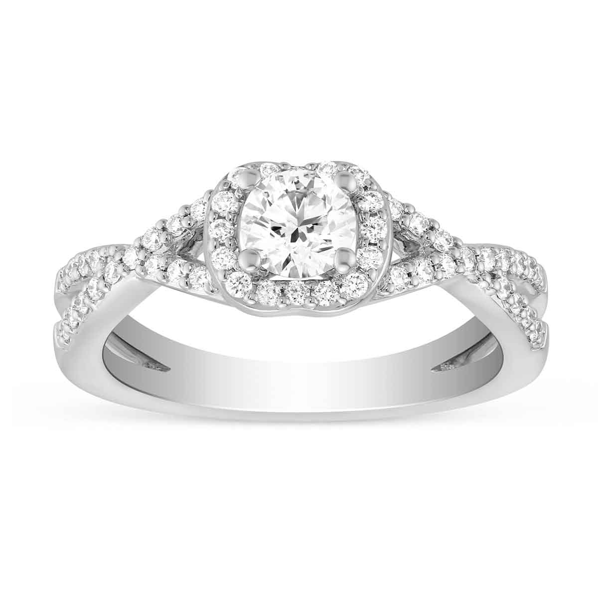 White Gold Diamond Ring with Diamond Cushion Halo & Twisted Shank, 0.52 ct