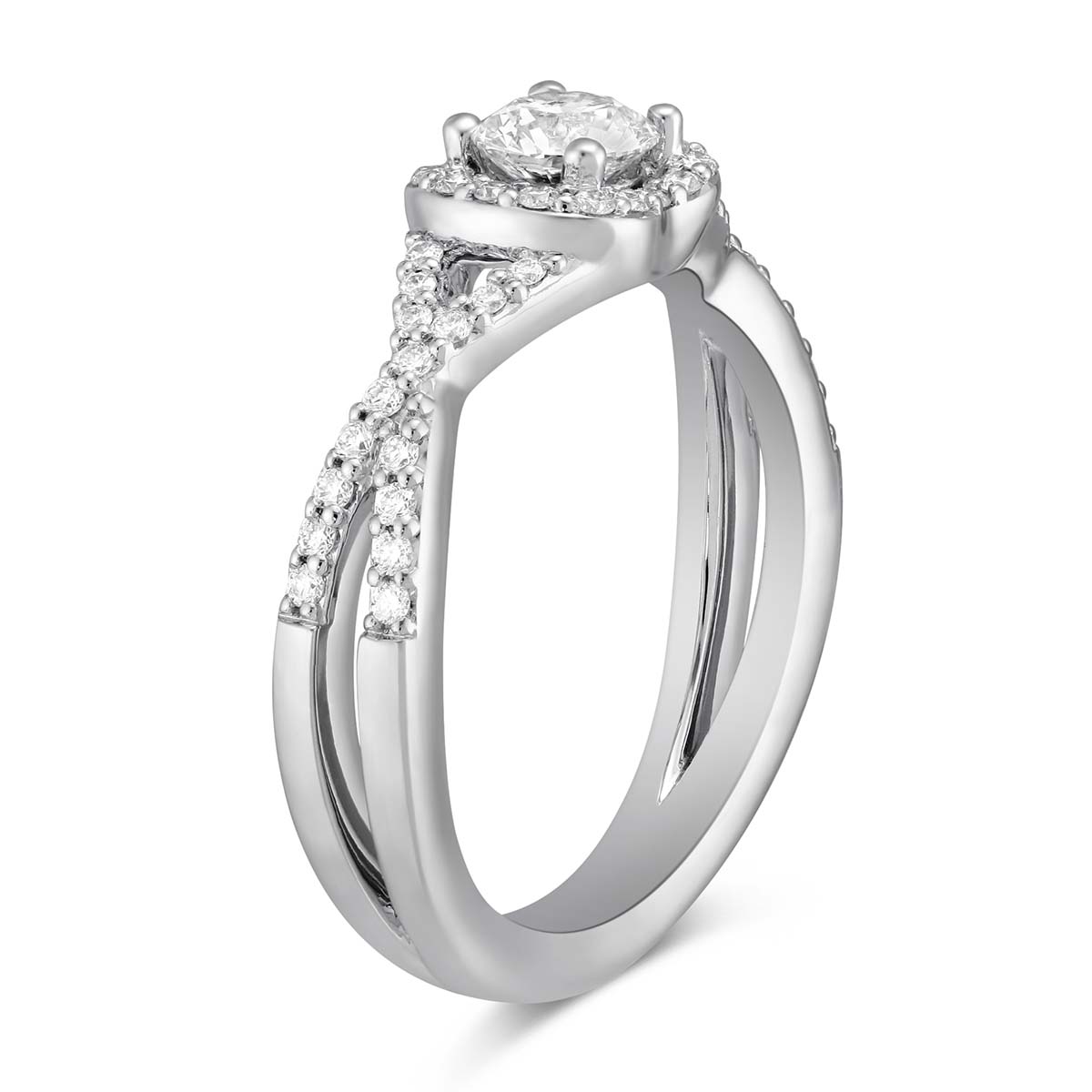 White Gold Diamond Ring with Diamond Cushion Halo & Twisted Shank, 0.52 ct