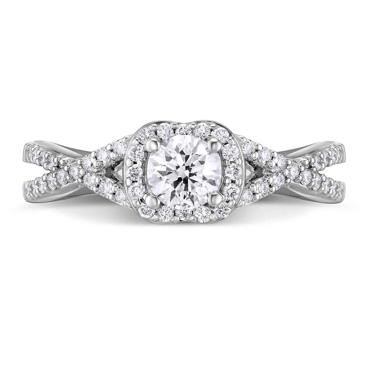 White Gold Diamond Ring with Diamond Cushion Halo & Twisted Shank, 0.52 ct