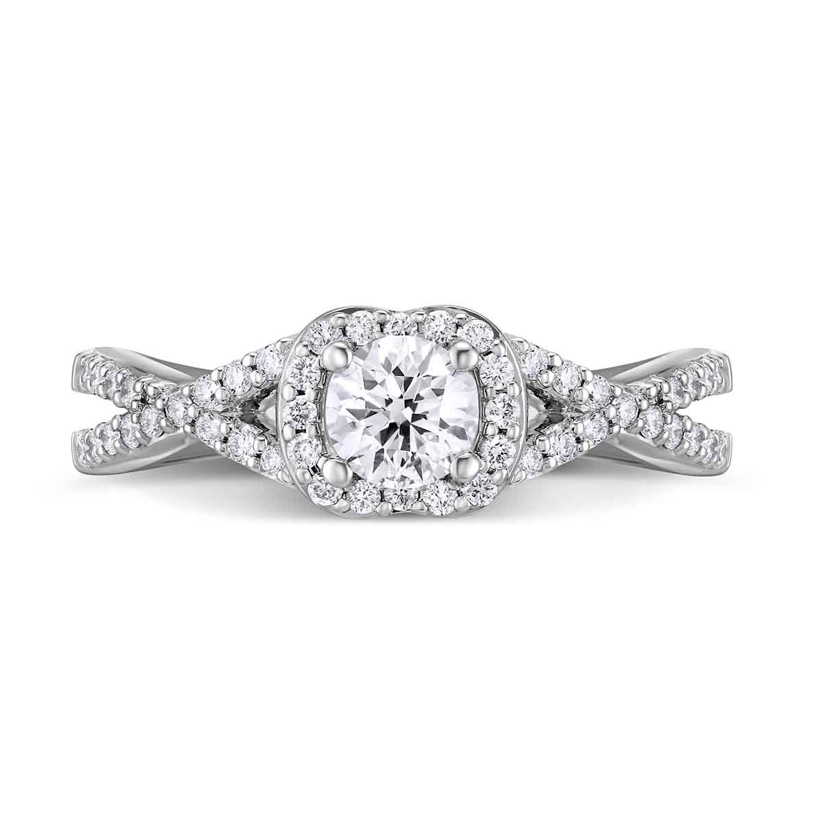 White Gold Diamond Ring with Diamond Cushion Halo & Twisted Shank, 0.52 ct