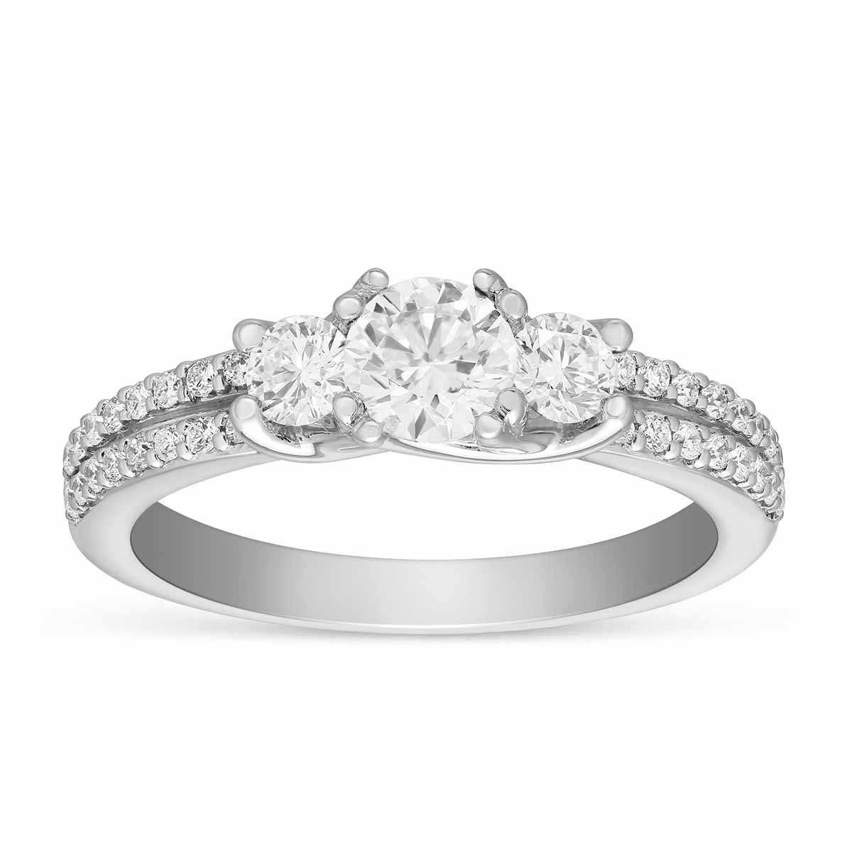 White Gold 3 Stone Diamond Engagement Ring with 2 Row Shank & Ornamental Prong, 0.70 ct