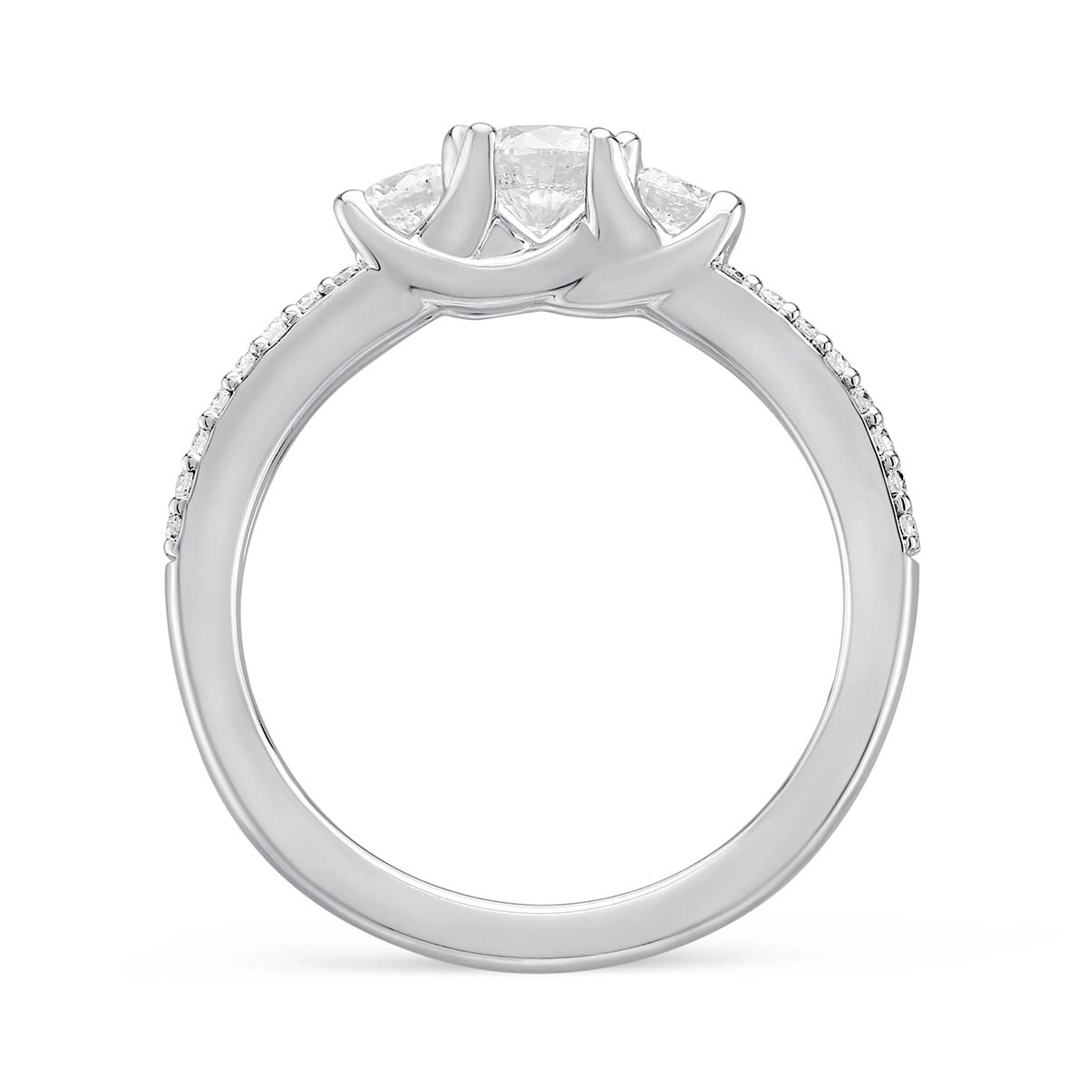 White Gold 3 Stone Diamond Engagement Ring with 2 Row Shank & Ornamental Prong, 0.70 ct