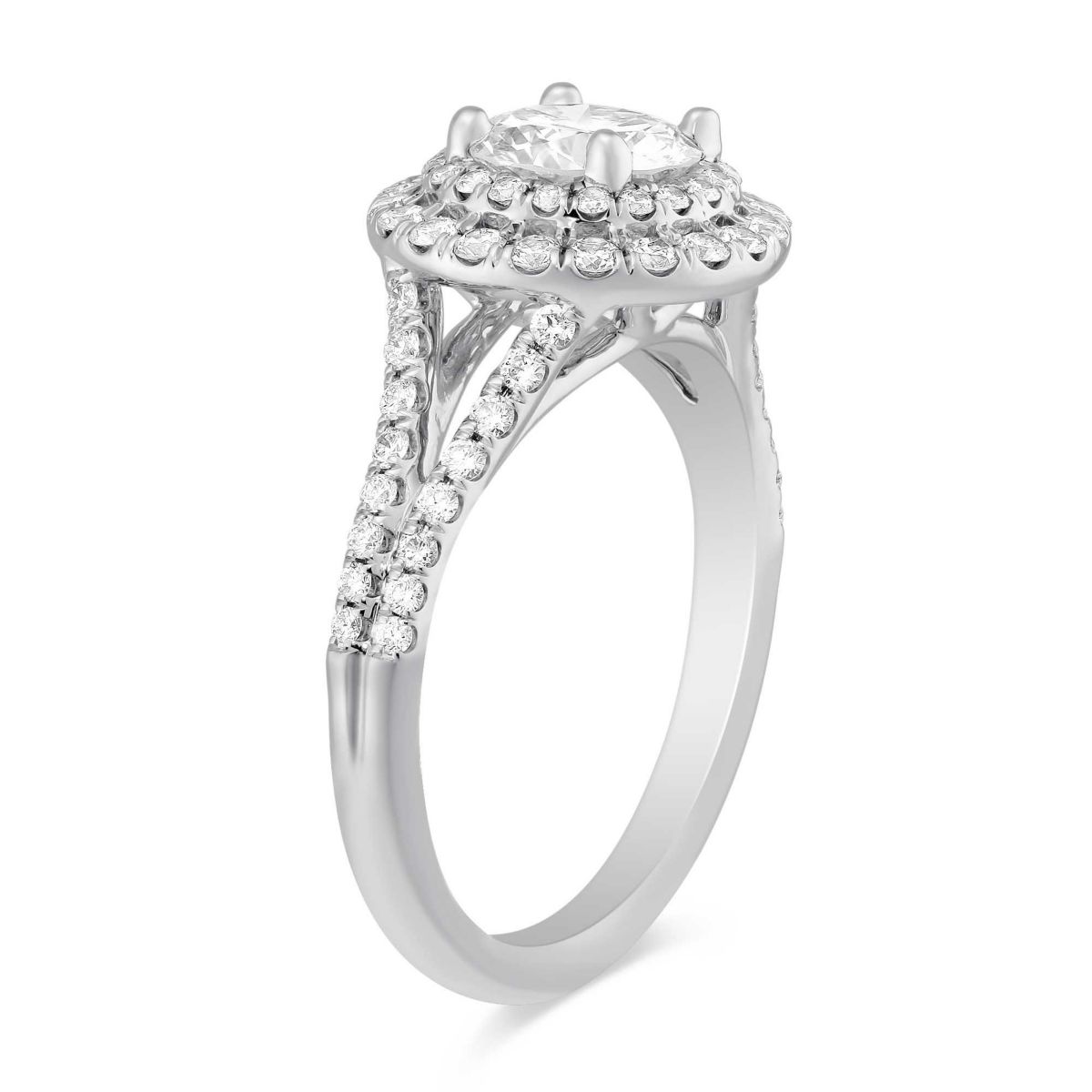White Gold Round Diamond Engagement Ring with Double Halo & Split Shank, 0.54 ct