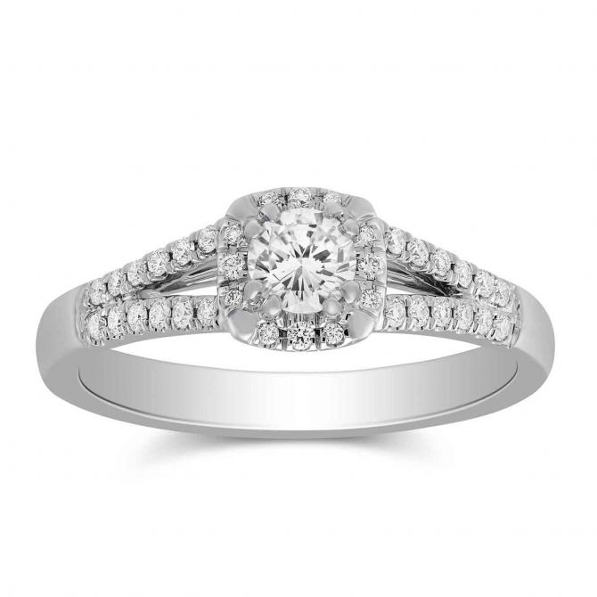White Gold Diamond Engagement Ring with Cushion Halo & Split Shank, 0.71 ct