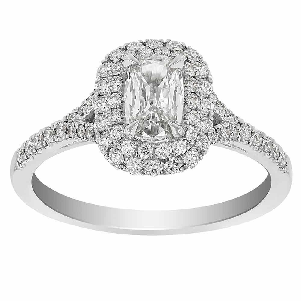 Cushion Diamond Ring with Double Halo & Pavé Split Shank in White Gold