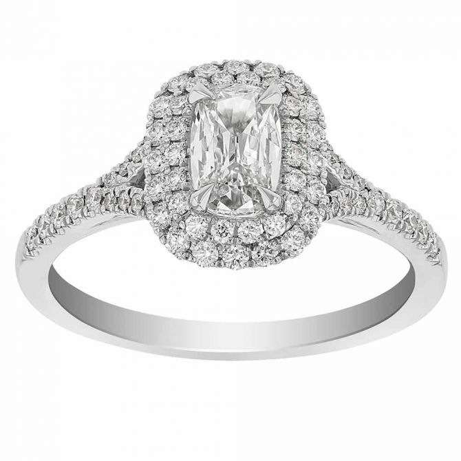 Cushion Diamond Ring with Double Halo & Pavé Split Shank in White Gold