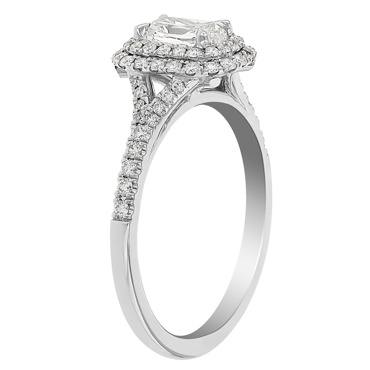 Cushion Diamond Ring with Double Halo & Pavé Split Shank in White Gold