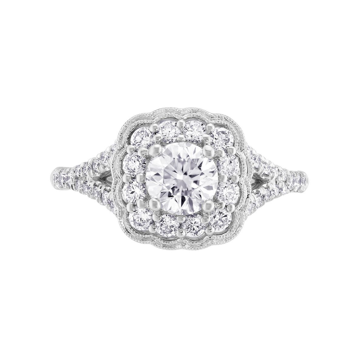 White Gold Diamond Engagement Ring with Double Scalloped Halo & Split Shank, 0.56 ct