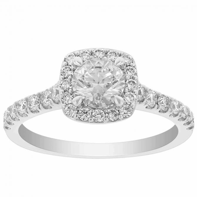 White Gold Round Diamond Cushion Halo Engagement Ring with Diamond Shank, 0.56 ct