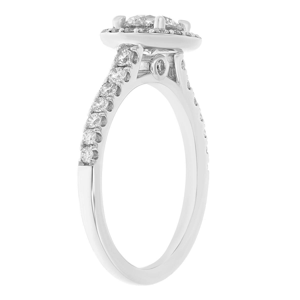 White Gold Round Diamond Cushion Halo Engagement Ring with Diamond Shank, 0.56 ct
