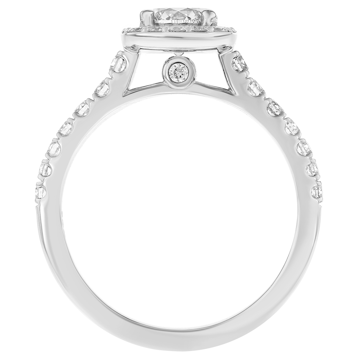 White Gold Round Diamond Cushion Halo Engagement Ring with Diamond Shank, 0.56 ct