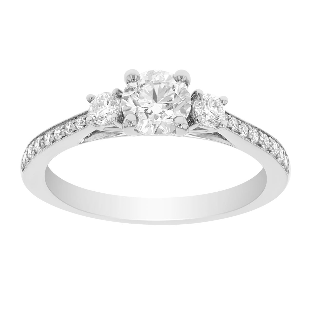 White Gold Diamond 3 Stone Engagement Ring with Diamond Milgrain Shank, 0.87 ct