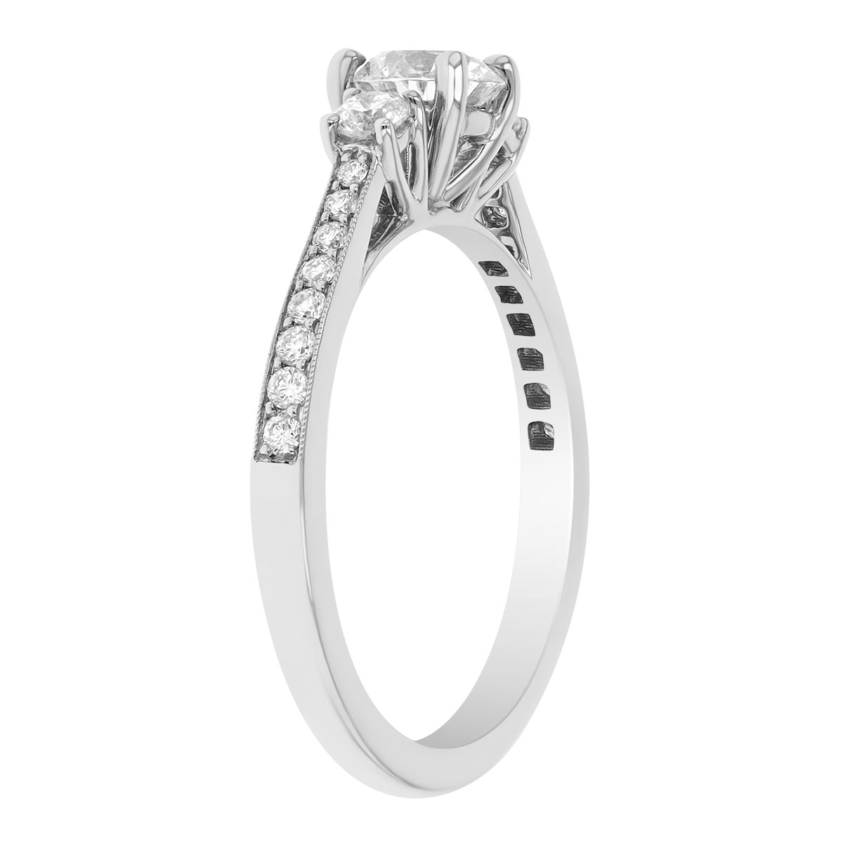 White Gold Diamond 3 Stone Engagement Ring with Diamond Milgrain Shank, 0.87 ct
